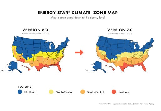 A graphic showing the ENERGY STAR® climate zone map for Version 6.0 on the left and the updated map for Version 7.0 on the right.