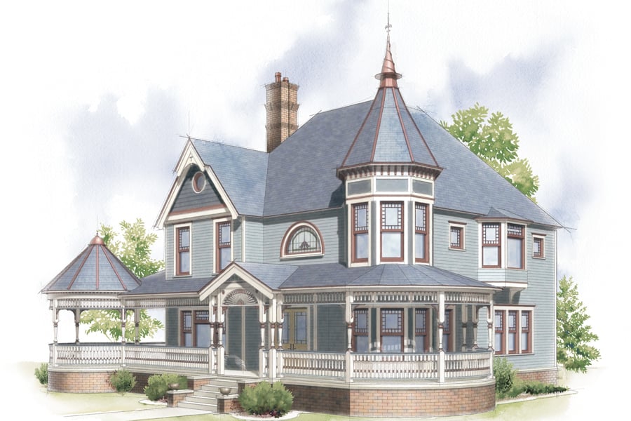 A drawing of a Queen Anne Victorian home.