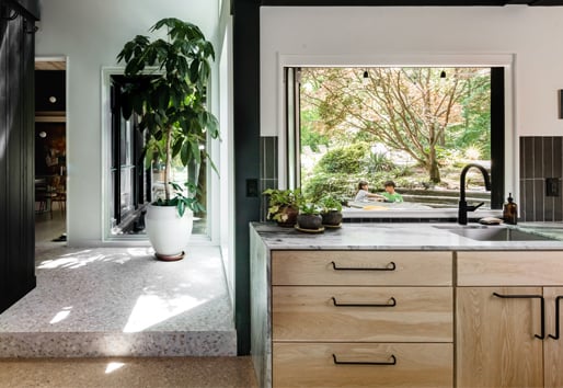 Pass-through window over a kitchen sink leading to the backyard